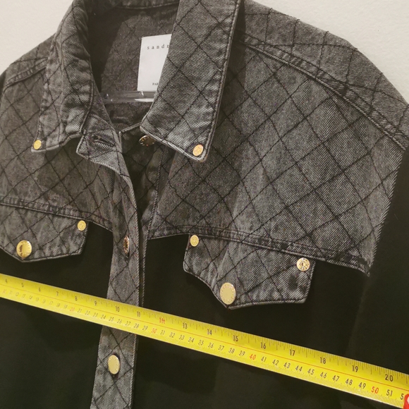 Sandro Paris Coat Size 0 XS Viscose Denim combo Jean Jacket Black Grey Gold Trim - Picture 14 of 15